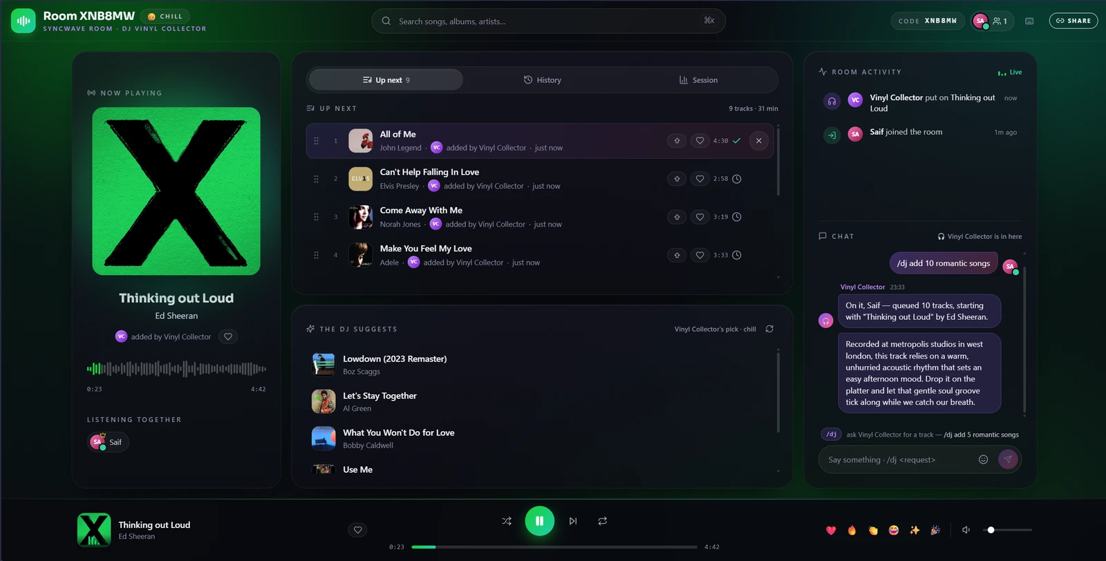 A Syncwave room tinted green by the album art. A listener has typed "/dj add 10 romantic songs" and the AI DJ has queued ten tracks and introduced the first one. The shared queue shows each track with who added it, beside DJ recommendations, a live activity feed and a bottom player with reactions